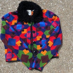 90s Michael Simon Bright Southwestern Fuzzy Collar Crop Cardigan | Small